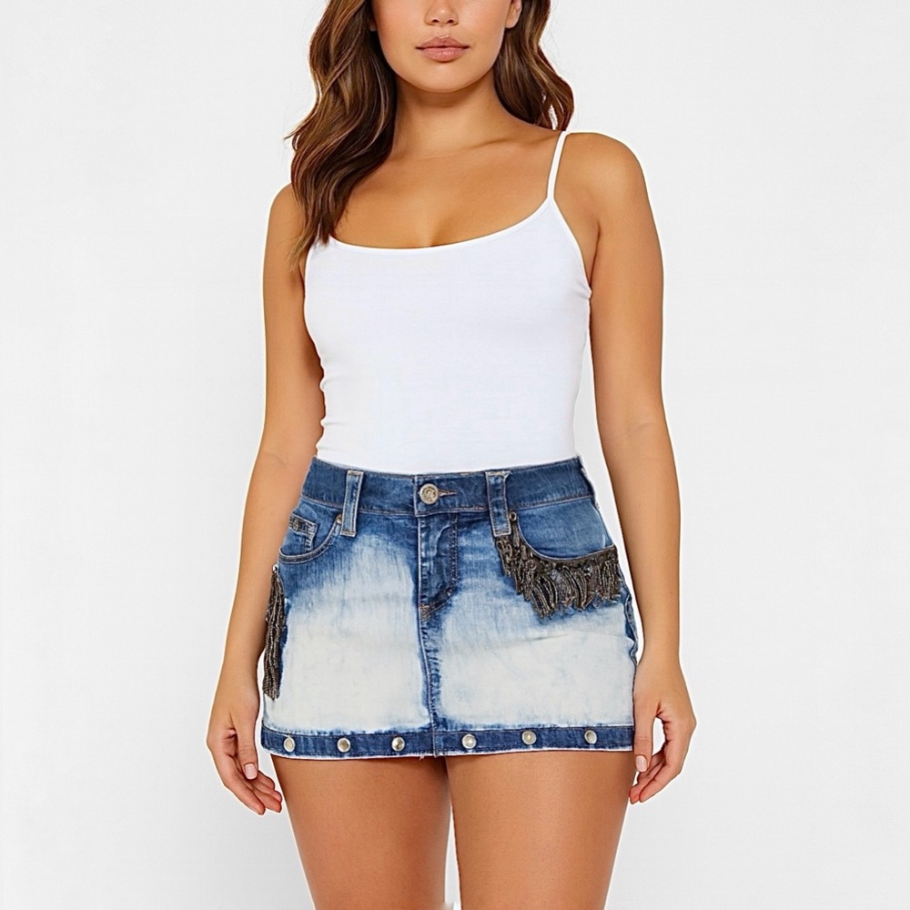 Dishe Denim Vintage Mini Skirt / Distressed Embroidered Jean Skirt